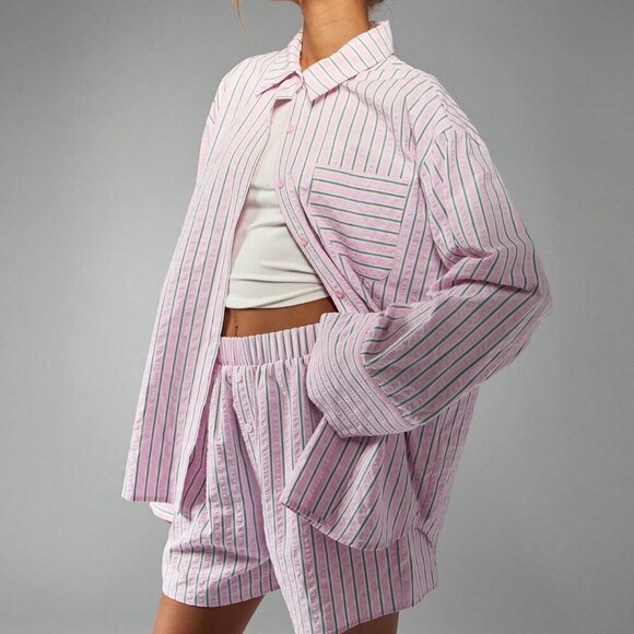 Pink Casual Women's Striped Loungewear Button down top & shorts Coord set - Picture 1 of 6